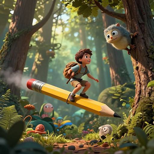 CGI forest scene: Adventurous boy on giant pencil, backpack, brown hair, brown shorts, brown shoes, rides through lush, sunlit forest
