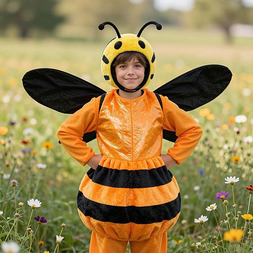 Photograph of a young boy in a bright orange bee costume with black stripes, antennae, and wings, standing in a sunny meadow filled with