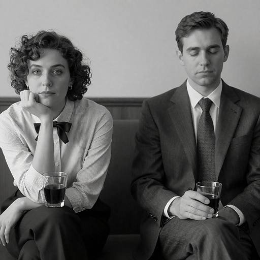 Black and White Portrait of Man and Woman Sitting with Drinks