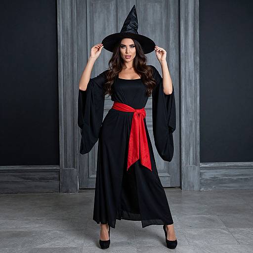 Photograph of a woman in a black witch costume with wide sleeves, red ribbon belt, black hat, and black heels, standing in front of a