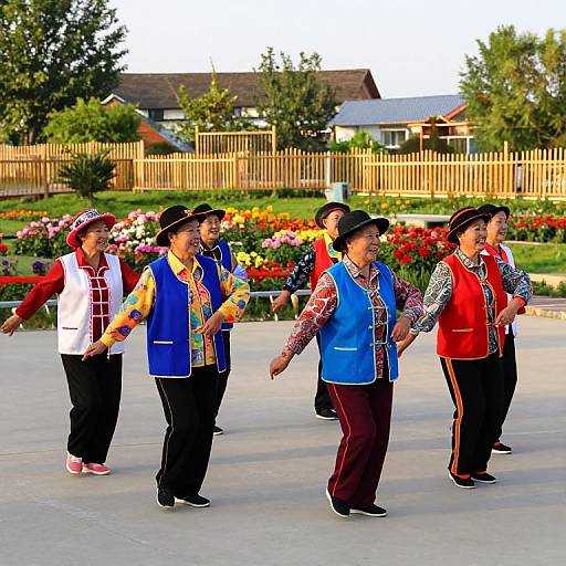 Photograph of six Asian dancers in colorful traditional attire, performing in a sunny park with vibrant flower beds and wooden fences.