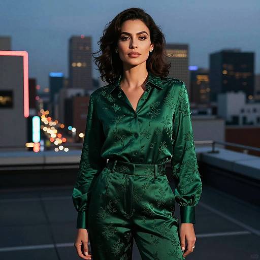 Cinematic Noir Rooftop: Emerald Elegance