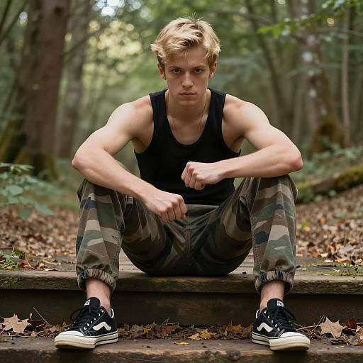 Focused Young Man in Forest Setting