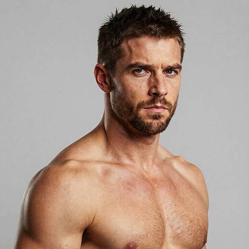 Photograph of a muscular, shirtless, handsome man with short, spiked brown hair, blue eyes, and a trimmed beard, against a light blue