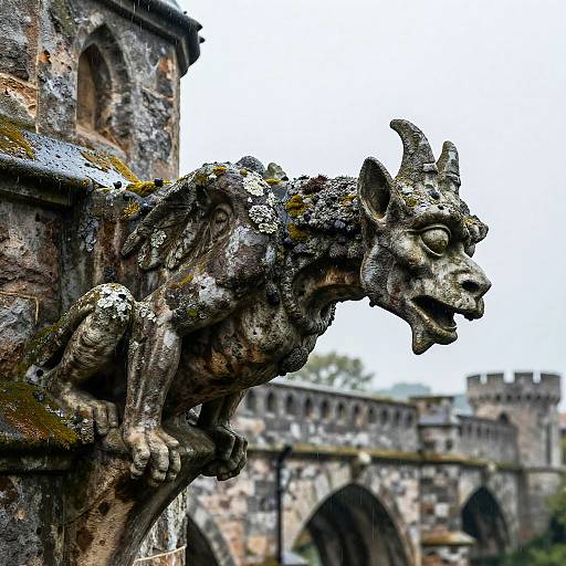 Photograph of a detailed, moss-covered gargoyle statue with a menacing expression, perched on an ancient stone building, with blurred, archway
