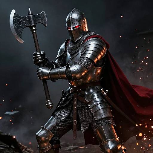Digital artwork of a shining, armored knight wielding a large axe, with red eyes, dark background, and sparks flying. Red cape flows behind. Dynamic