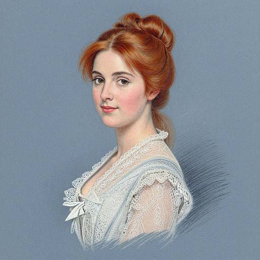 Digital portrait of a fair-skinned woman with red hair in a bun, wearing a white lace blouse, against a blue background.