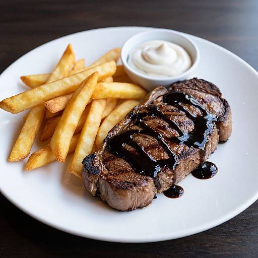 Photograph of a white plate with a grilled, black-peppercorn-crusted steak, golden French fries, and a side of creamy white dipping