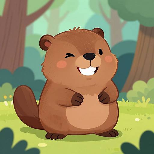 Cute cartoon beaver with brown fur, smiling with closed eye, standing on grass in a bright, colorful forest background.