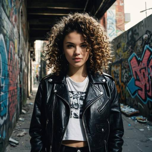 Young woman with curly mullet in leather jacket Young woman with curly mullet in leather jacket