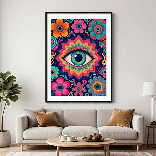 Vibrant psychedelic artwork with a central eye, surrounded by colorful flowers, hangs above a modern white sofa with brown pillows.