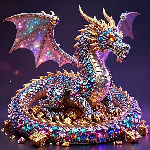 Vibrant, digital CGI of a glittering, gemstone-covered dragon with iridescent wings and golden horns, coiled amidst sparkling jewels against