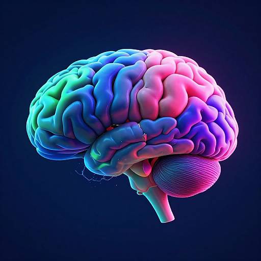 Digital CGI of a glowing, neon-colored human brain with vibrant blue, pink, and purple hues against a black background.
