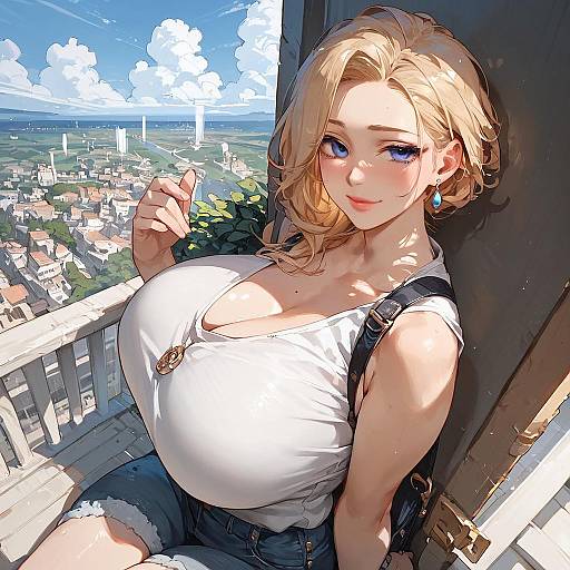 Digital anime-style illustration of a blonde woman with large breasts, blue eyes, and blue denim shorts, leaning on a balcony, cityscape background. She