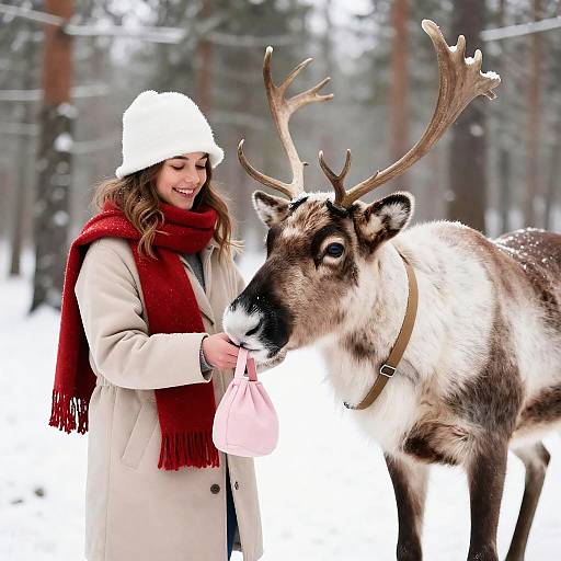 Smiling Woman with Reindeer in Snow