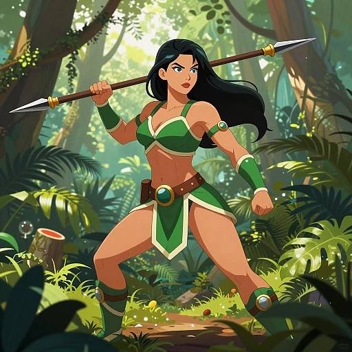 Strong Female Warrior in Green Outfit with Spear in Tropical Forest