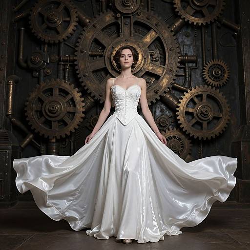 Elegant Woman Amidst Steampunk Machinery