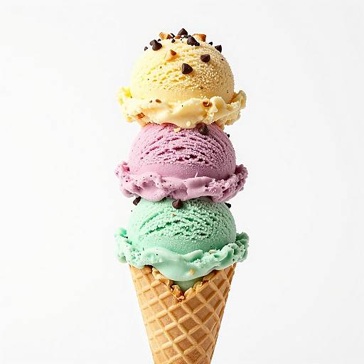 Photograph of a colorful ice cream cone with four scoops: yellow with chocolate chips, pink, mint green, and purple, against a white background