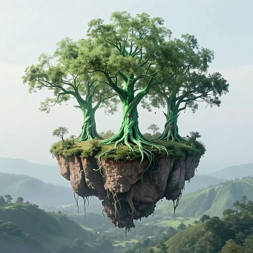 Ethereal Floating Trees Over Tranquil Valley