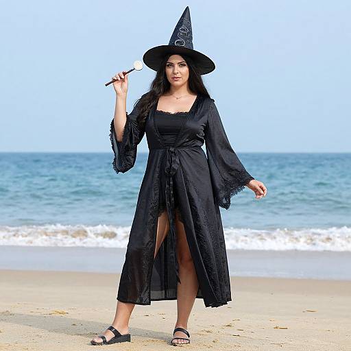 Photograph of a woman with long black hair in a black witch dress and hat, holding a wand on a sunny beach with blue ocean waves in the