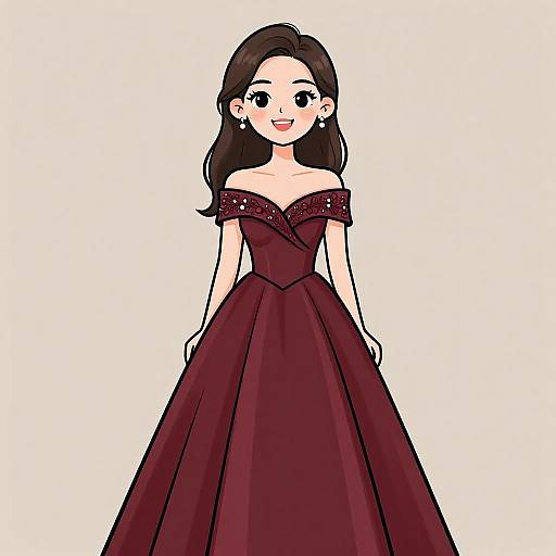 Digital drawing of a smiling woman with long black hair, wearing an off-shoulder, deep maroon, sparkling evening gown, standing against a plain
