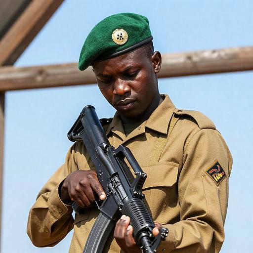 Serious African Soldier Under Blue Sky