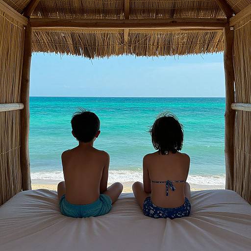 Photograph of two children, one in blue shorts, one in a blue floral bikini, sitting on a white bed, facing turquoise ocean from a that
