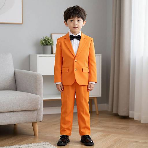Photograph of a young boy with dark hair in an orange suit, black bow tie, and black shoes, standing in a modern living room with light
