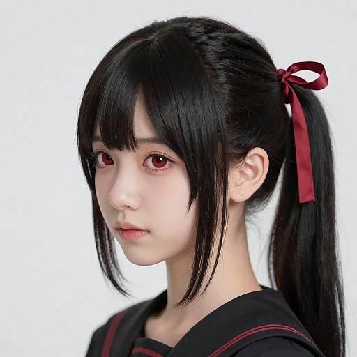 Photorealistic portrait of a young Asian woman with black hair in a ponytail, red ribbon, and red eyes, wearing a black sailor uniform,