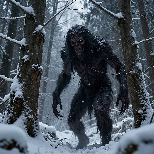 Photograph of a dark, hairy, monstrous creature with sharp teeth, standing in a snowy forest, surrounded by snow-covered trees.