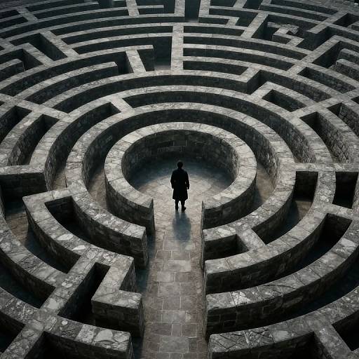 Photograph of a solitary figure in black standing at the center of a large, intricate, circular stone maze, viewed from above.