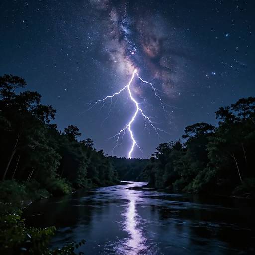 Photograph of a vivid lightning bolt striking over a dark, reflective river, surrounded by silhouetted trees, with a starry, Milky Way