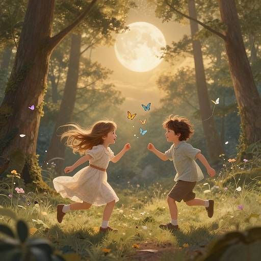 Digital illustration of a sunlit forest: a girl in a white dress and a boy in a blue shirt run, chasing colorful butterflies. Tall trees frame