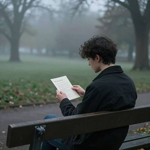 Photograph of a young man with curly black hair, wearing a black jacket, sitting on a park bench reading a paper in a foggy, leaf
