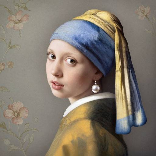 Digital artwork of a young woman with pale skin, blue headscarf, yellow and blue headdress, pearl earring, floral background, and Renaissance