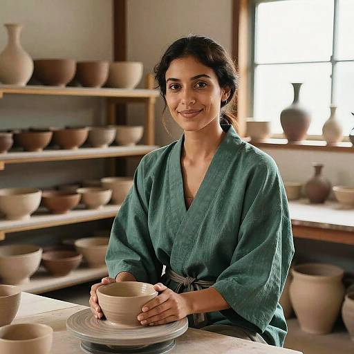 Woman in Rustic Pottery Studio