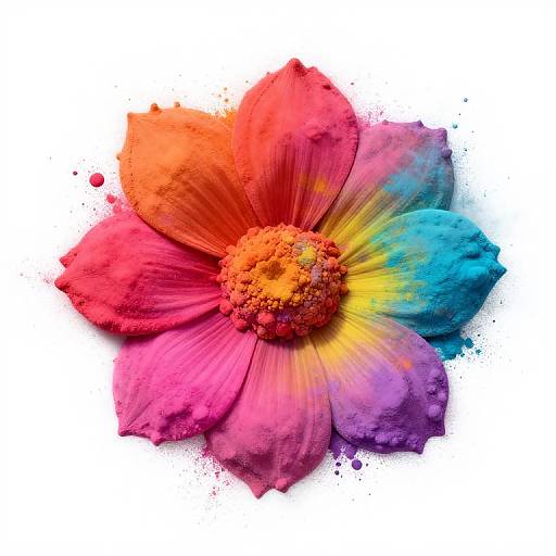 Vibrant digital watercolor flower with multicolored petals in red, pink, orange, yellow, and blue, splattered against a white background
