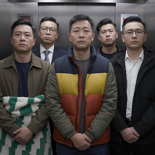 Five Men in Colorful Elevator Scene