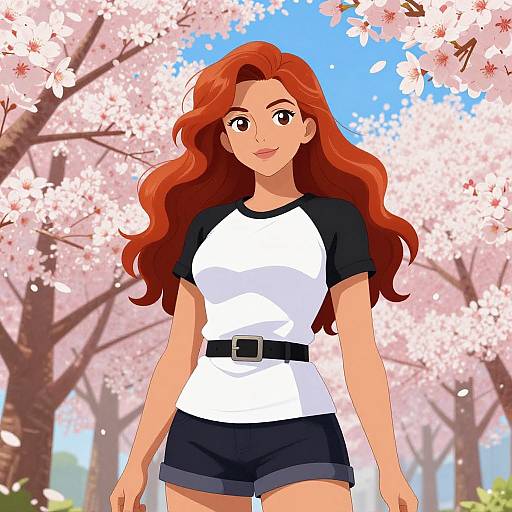 Digital anime-style illustration of a red-haired woman with long wavy hair, wearing a white and black raglan shirt and black shorts, standing under cherry