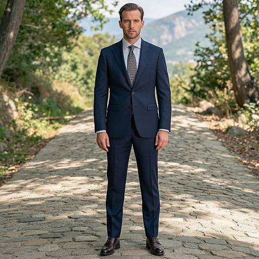 Photograph of a handsome man in a navy suit, white shirt, and patterned tie standing on a sunlit, tree-lined cobblestone path