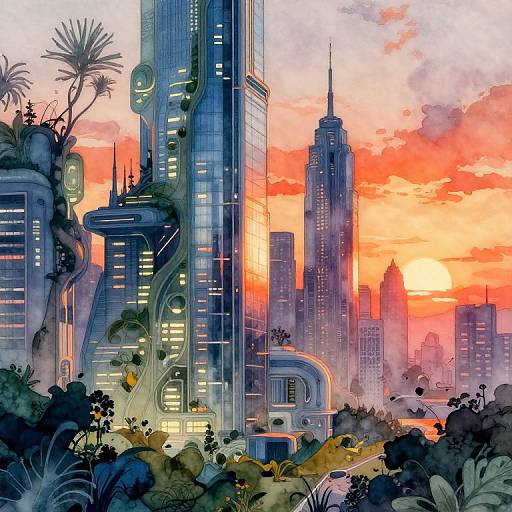 Digital illustration of a futuristic cityscape at sunset, featuring tall, illuminated skyscrapers with organic elements, vibrant orange and pink sky, and lush vegetation