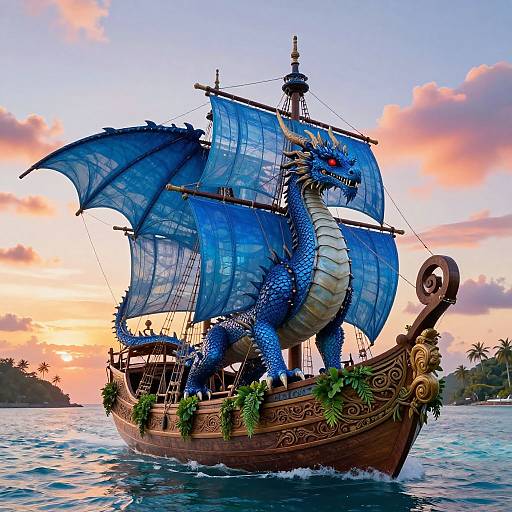 Photograph of a vivid blue dragon sailing on a detailed wooden ship with blue sails, set against a colorful sunset sky.