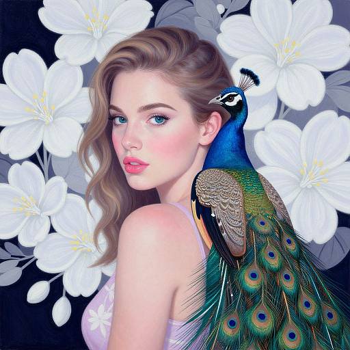 Hyperrealistic Woman with Peacock and Flowers