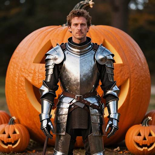 Man in Knight Armor with Halloween Pumpkins