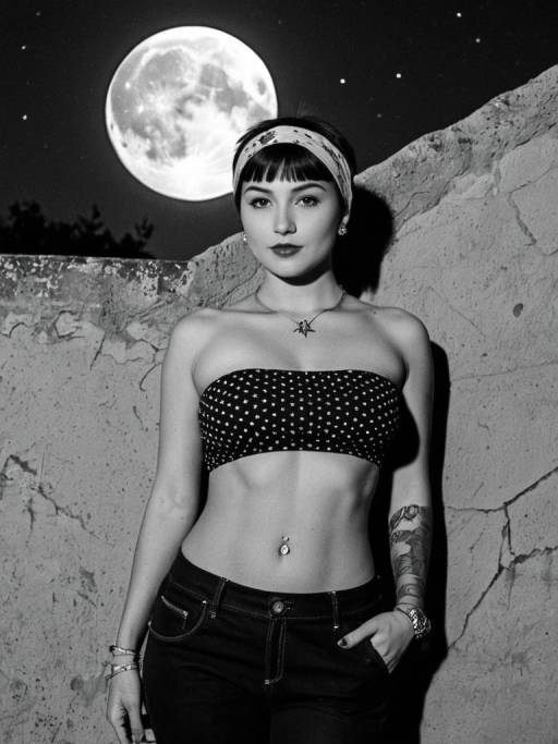 Young Woman Standing Outdoors at Night with Full Moon