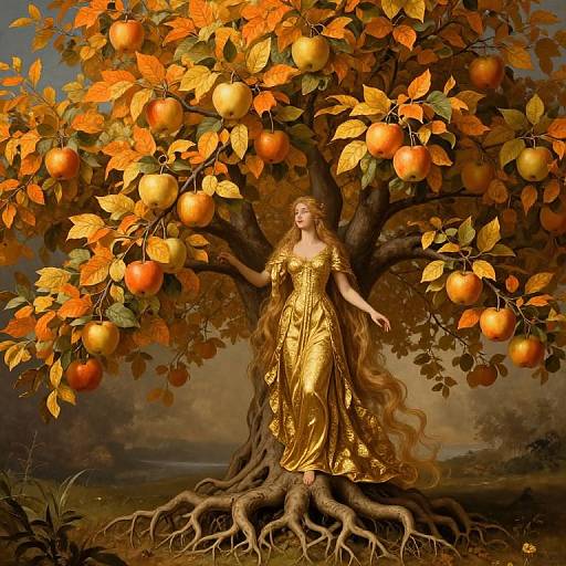 Digital art: Golden-haired woman in a shimmering gold dress stands beneath an autumn apple tree with orange and yellow leaves and apples, rooted in earthy