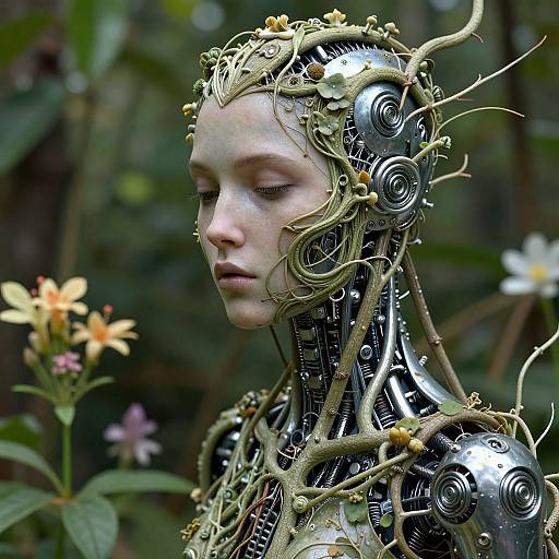 Digital artwork of a pale-skinned, cybernetic woman with intricate mechanical and plant-like headgear, adorned with flowers, in a lush, forest