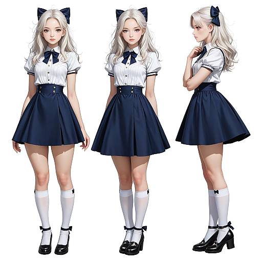 Digital anime-style illustration of a white-haired girl in a white blouse, navy skirt, knee-high socks, and black Mary Janes, shown from front