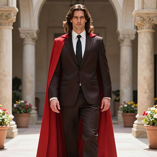 Photograph of a man with long brown hair, wearing a black suit, white shirt, black tie, and red cape, walking down a sunlit