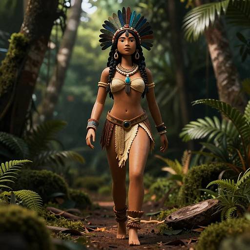 Photorealistic CGI of a Native American woman with dark skin, feathered headdress, gold and brown tribal attire, walking in a lush, sun
